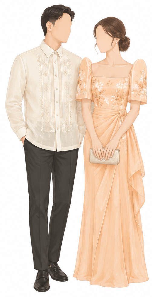 Ninong in a cream barong and Ninang in a peach-orange Filipiniana gown